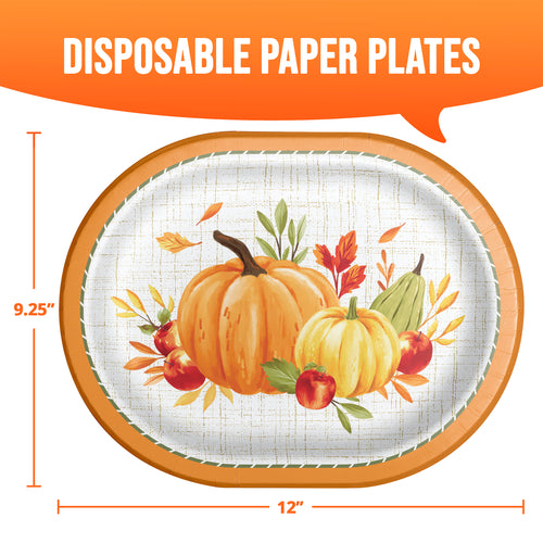 An oval disposable paper plate with a fall harvest design featuring pumpkins, apples, and autumn leaves on a white textured background with a tan rim. The image includes orange dimension lines and text indicating 12 inches by 9.