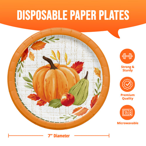 A 7-inch disposable paper plate with a fall harvest design featuring a pumpkin, acorn, pear, and leaves on a white textured background. The image includes an orange header reading 'DISPOSABLE PAPER PLATES' and icons highlighting strong and sturdy construction, premium quality, and microwaveability.