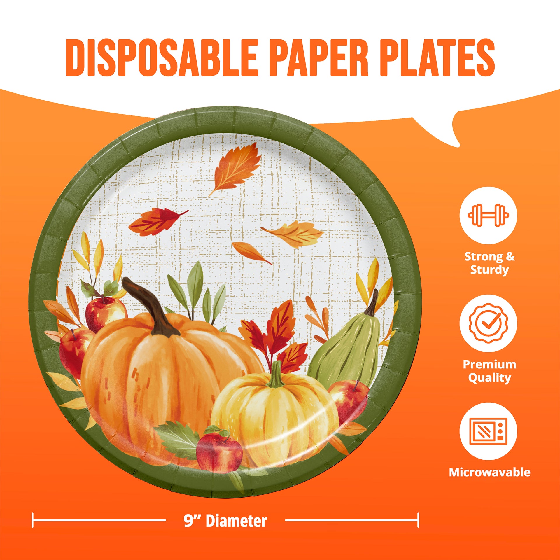 A 9-inch disposable paper plate with an autumn harvest illustration, shown on an orange graphic background with text reading 'DISPOSABLE PAPER PLATES' and feature icons for strong and sturdy, premium quality, and microwavability.