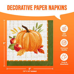 Decorative paper napkins with a fall harvest design, featuring an orange pumpkin, red apples, and autumn leaves on a white textured background with a green border. The image includes dimension markings showing the napkin is 5x5 inches unfolded, and feature icons on the right indicating soft touch, premium quality, and thick absorbent material.