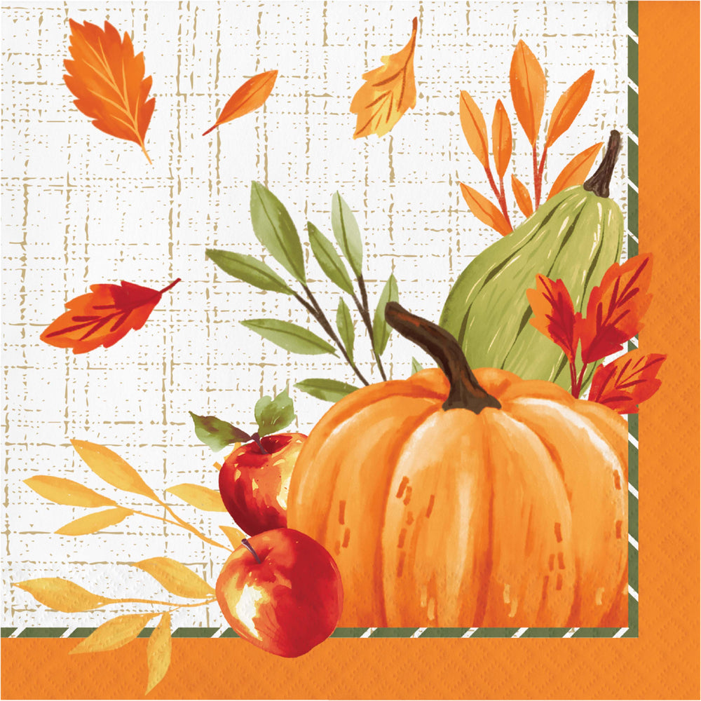 Autumn-themed square print featuring a large orange pumpkin, a green squash, red apples, and scattered orange and red leaves on a cream grid background with an orange border.