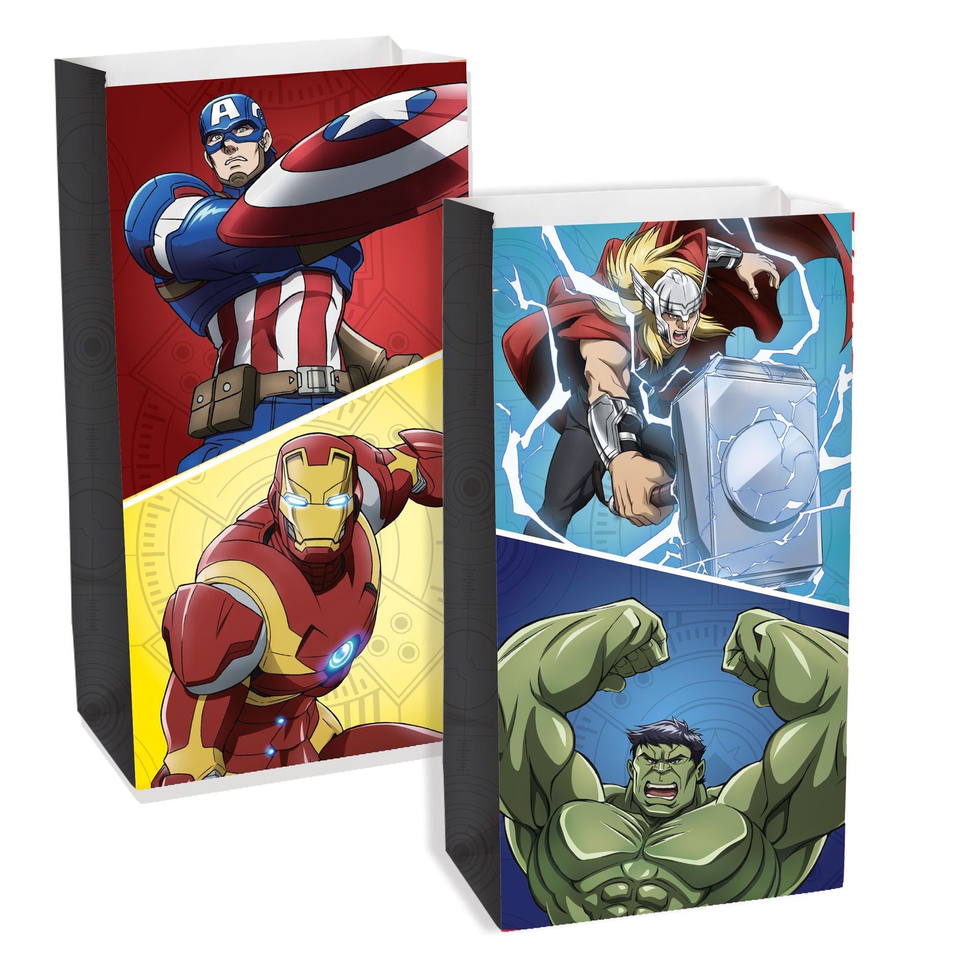 Two superhero-themed gift bags featuring Captain America, Thor, Iron Man, and Hulk on a white background.