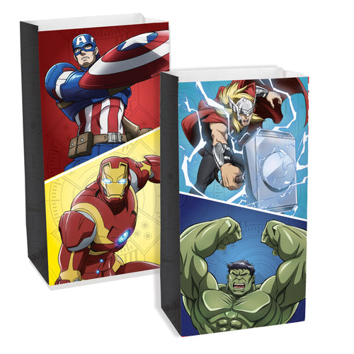 Two superhero-themed gift bags featuring Captain America, Thor, Iron Man, and Hulk on a white background.