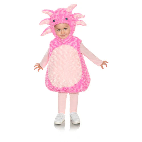 Child wearing a pink and white costume with a hood on a white background
