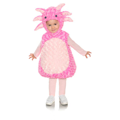 Child wearing a pink and white costume with a hood on a white background