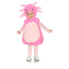 Child wearing a pink and white costume with a hood on a white background