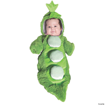 Baby in a green pea pod costume on a white background