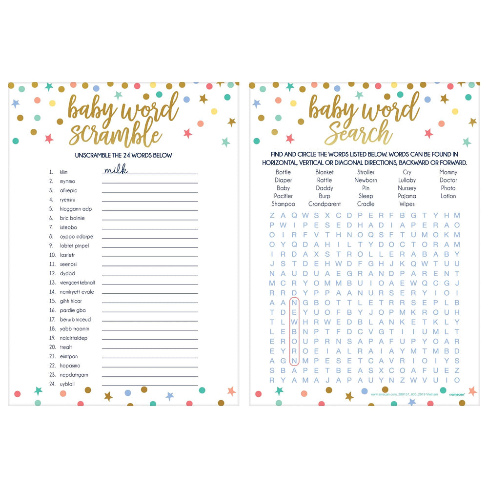 Two baby-themed word games on a white background with colorful confetti border.