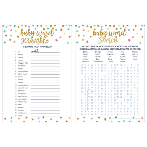 Two baby-themed word games on a white background with colorful confetti border.