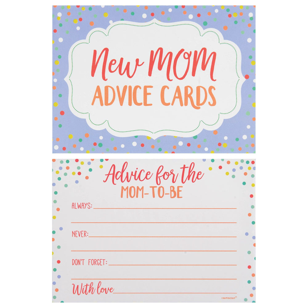 New mom advice cards with colorful polka dot border on a white background