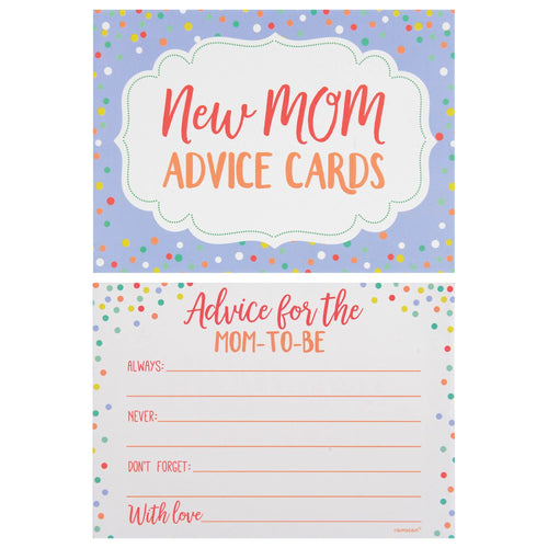 New mom advice cards with colorful polka dot border on a white background