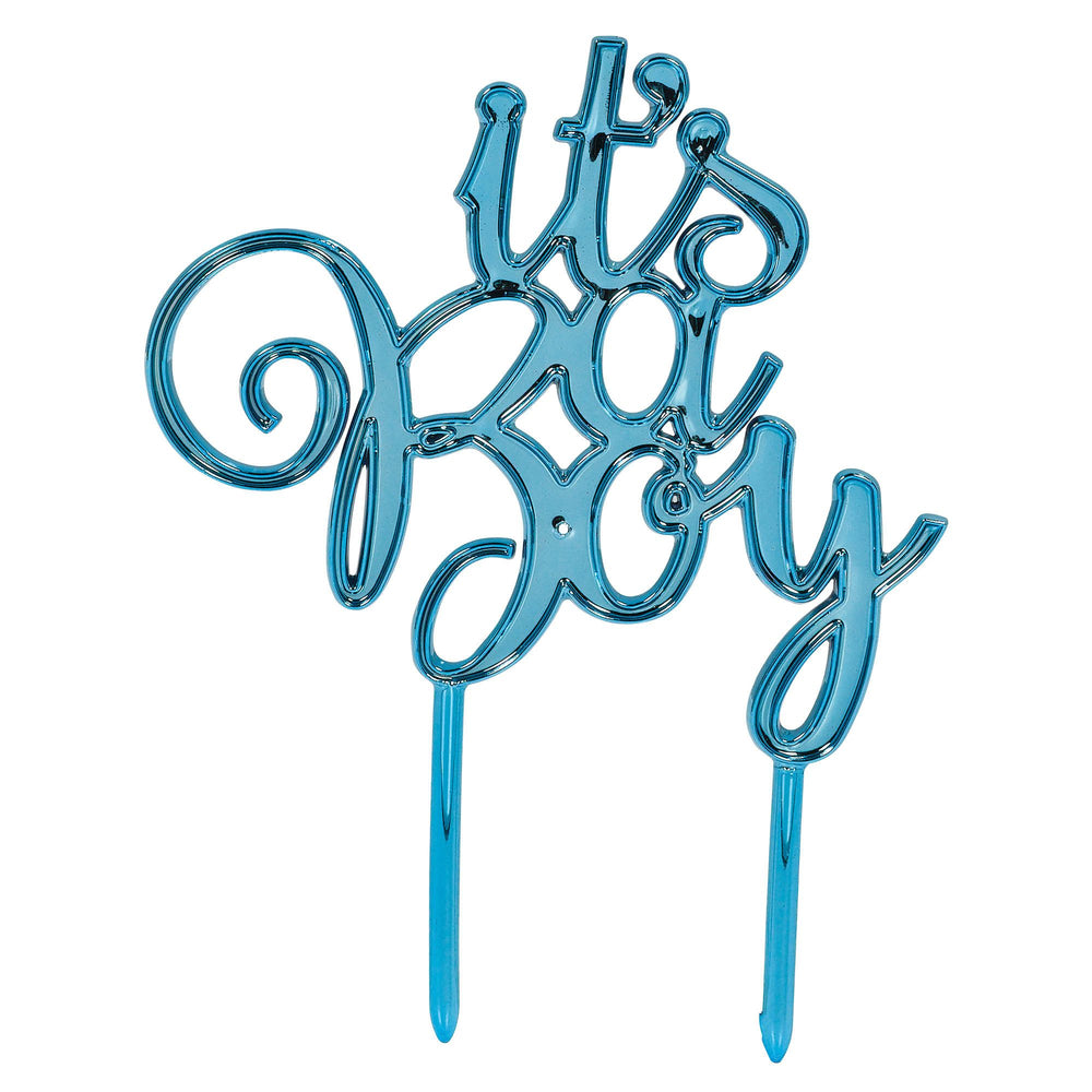 Blue 'It's a Boy' cake topper on a white background