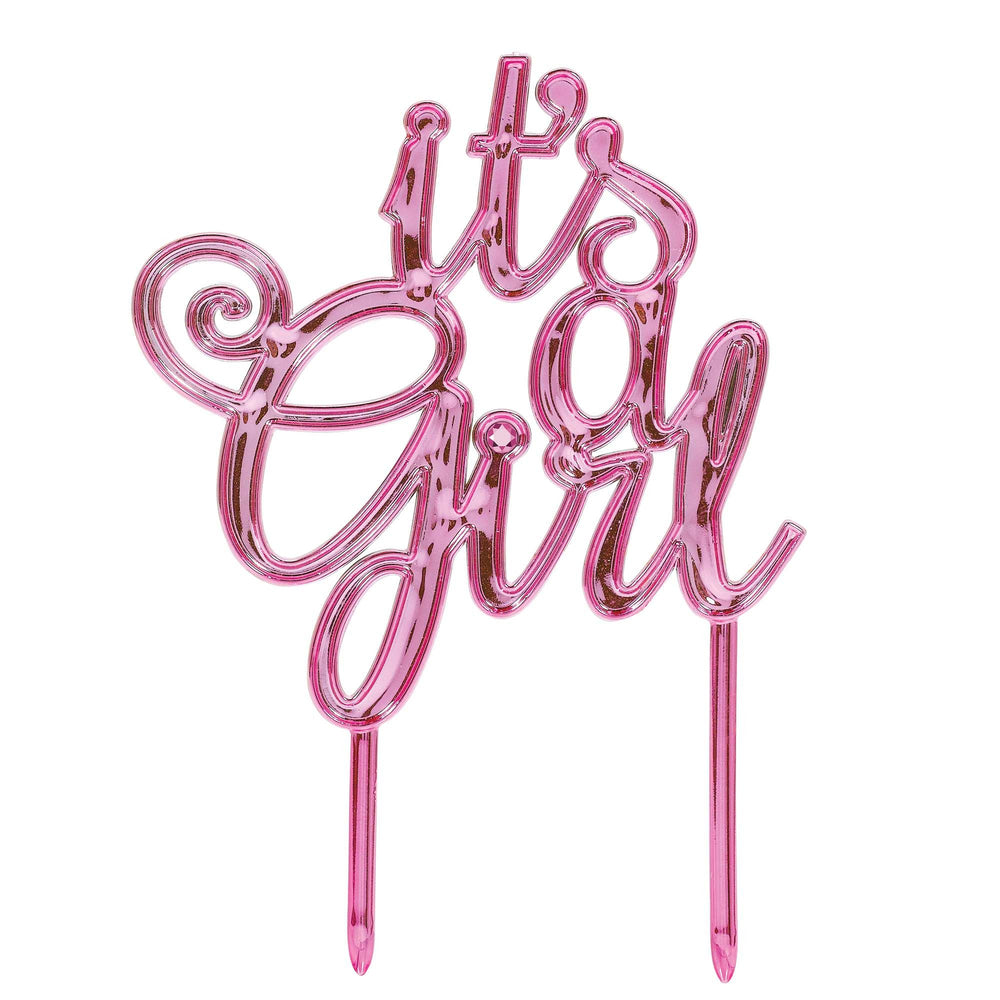 Pink 'It's a Girl' cake topper on a white background