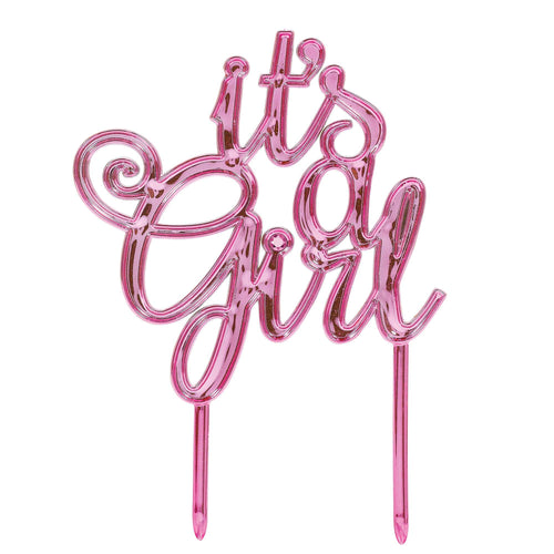Pink 'It's a Girl' cake topper on a white background