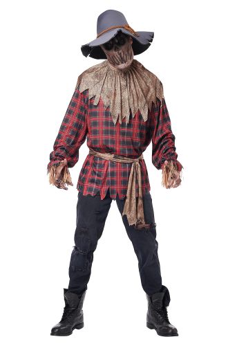 Scarecrow costume with plaid shirt, black pants, boots, and hat on a white background