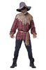 Scarecrow costume with plaid shirt, black pants, boots, and hat on a white background