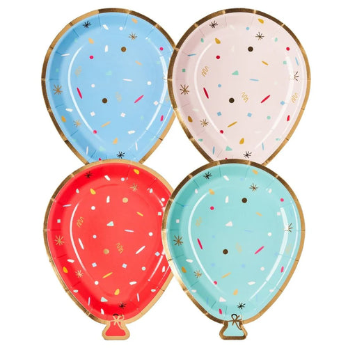 Four colorful balloon-shaped paper plates with confetti details on a white background