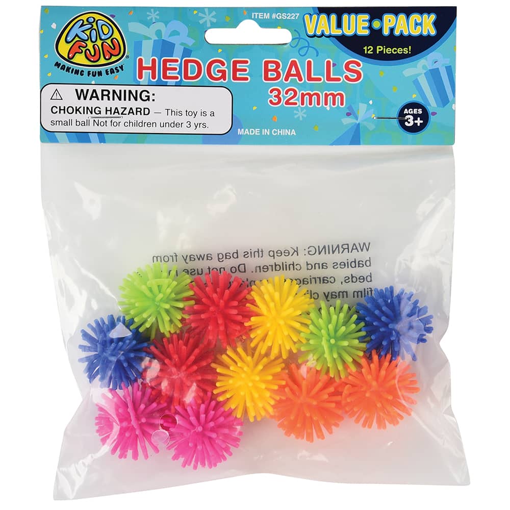 Balls with soft hedgehog style quills
Assorted bright colors
Made of soft plastic
Item 1.25" diam.
Package 12 pieces with assorted colors