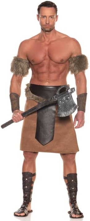 Man in a warrior costume with armor and a sword on a white background