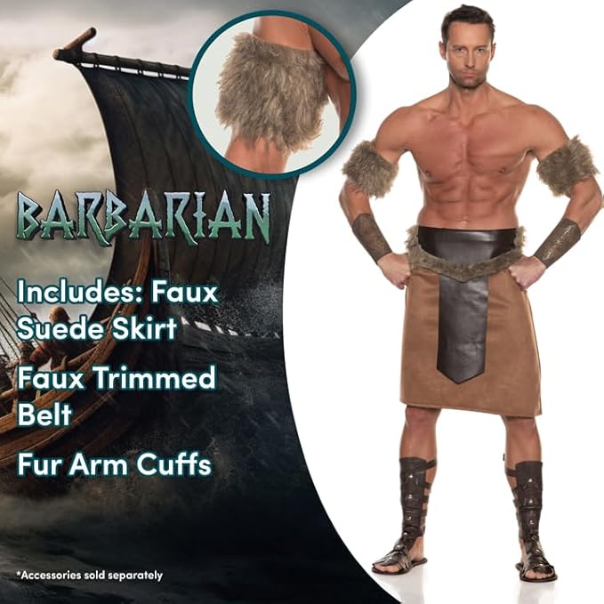 Man wearing a Barbarian costume with faux suede skirt, belt, and fur arm cuffs on a white background.