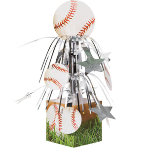Decorative item with baseballs and stars on a grassy base