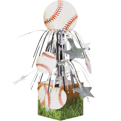 Decorative item with baseballs and stars on a grassy base