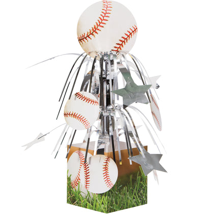 Decorative item with baseballs and stars on a grassy base