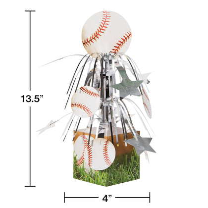 Baseball-themed centerpiece with measurements on a white background