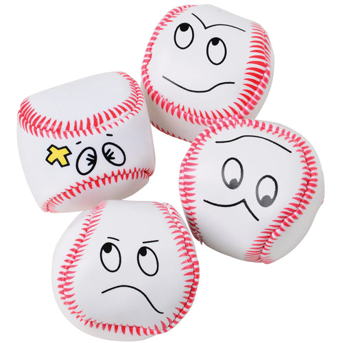Four baseballs with face expressions on a white background