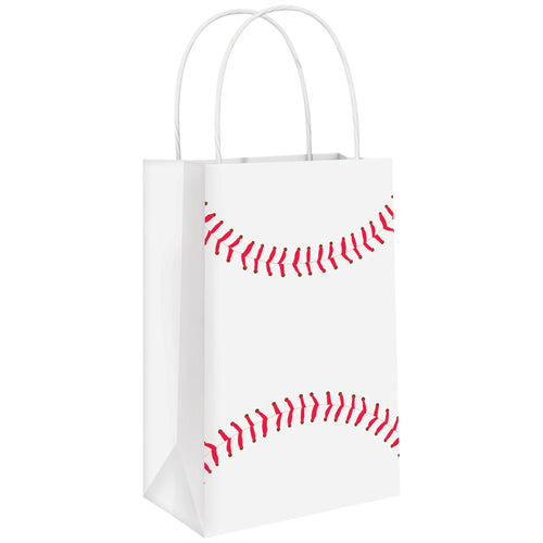 White paper gift bag with red stitching pattern on a white background