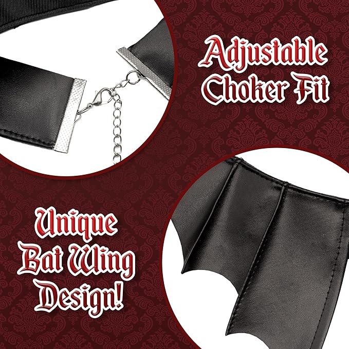Black bat-winged choker with adjustable clasp on a red patterned background