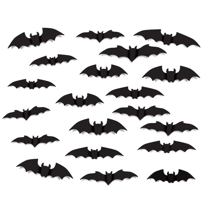 Set of black bat-shaped decorations on a white background