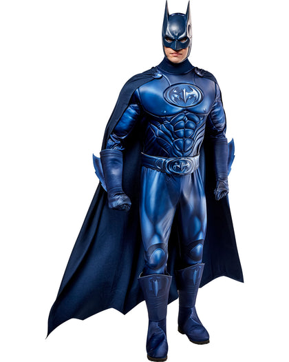 Blue superhero costume with cape on a white background