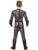Child wearing a dark superhero costume with cape on a white background
