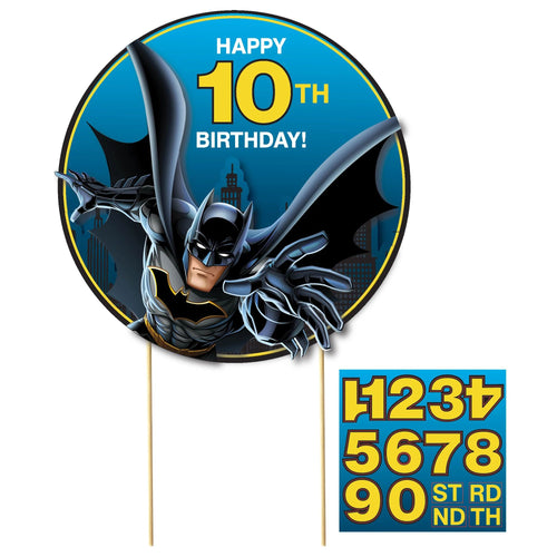Batman-themed birthday party decoration with number cards on a white background