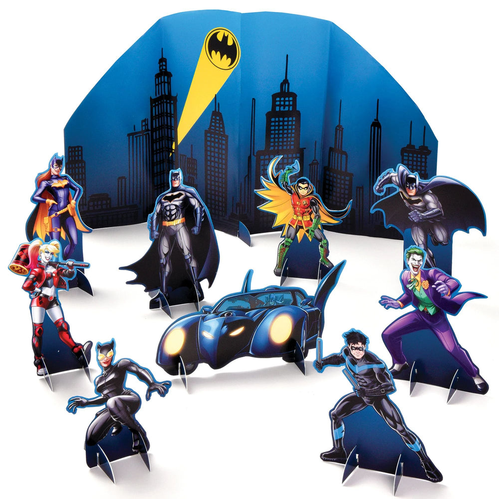 Set of superhero figures with a cityscape background