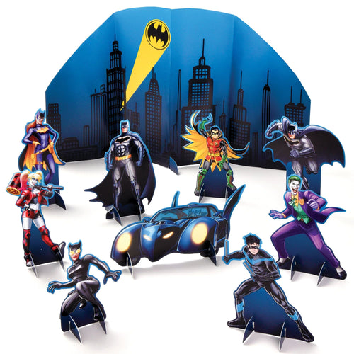 Set of superhero figures with a cityscape background