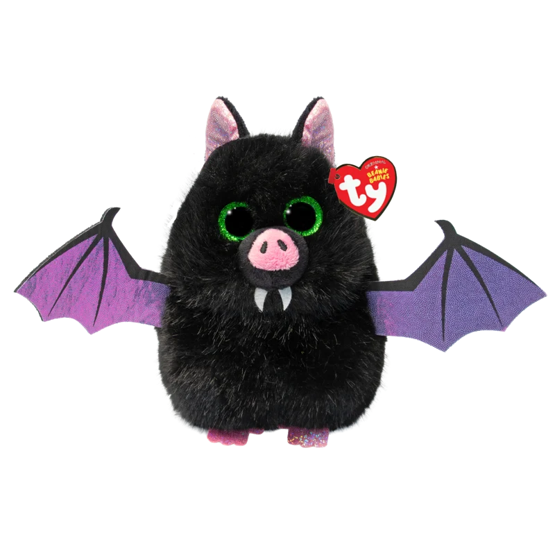 Ty the Teen Beasty plush toy of a bat with black fur, purple glitter wings, green glitter eyes, and a red Ty heart tag.