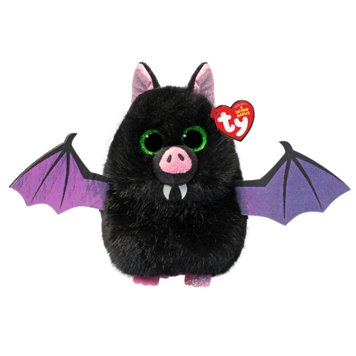 Ty the Teen Beasty plush toy of a bat with black fur, purple glitter wings, green glitter eyes, and a red Ty heart tag.