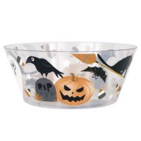 Clear Halloween-themed bowl with pumpkins, ghosts, and witches on a white background