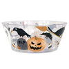 Clear Halloween-themed bowl with pumpkins, ghosts, and witches on a white background