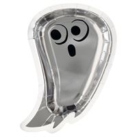 Silver ghost-shaped object with a face on a white background