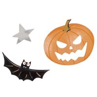 Halloween decorations including a jack-o'-lantern, bat, and star on a white background