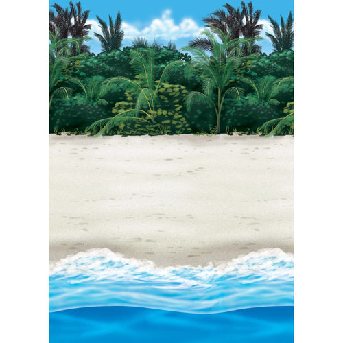 Tropical beach scene with palm trees and clear blue sky