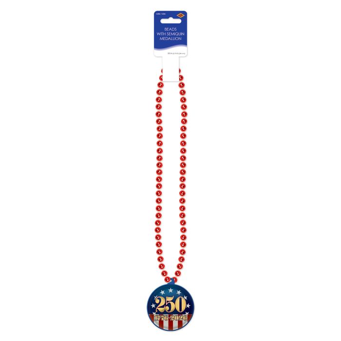 Red bead necklace with a blue pendant featuring the number 250 on a white background