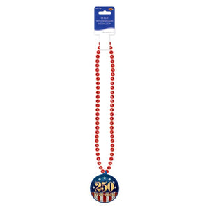 Red bead necklace with a blue pendant featuring the number 250 on a white background