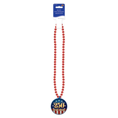 Red bead necklace with a blue pendant featuring the number 250 on a white background