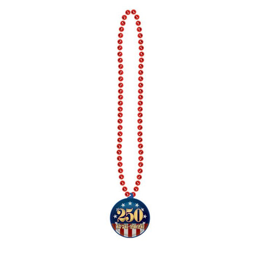Red beaded necklace with a blue pendant featuring the number 250 on a white background