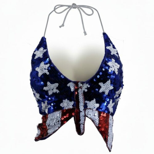 Sequined top with American flag design on a white background