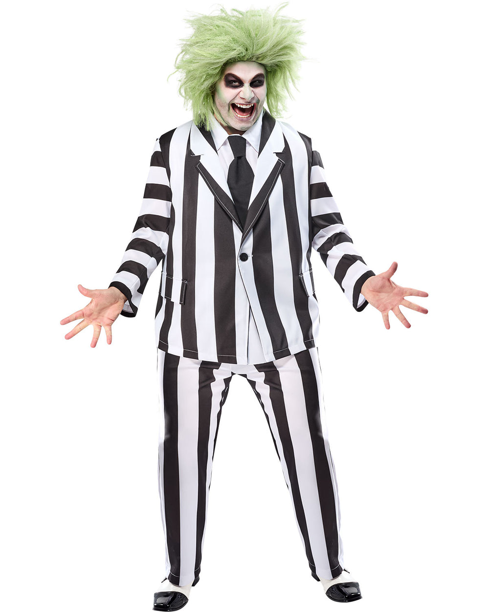 Person wearing a striped suit with green hair on a white background
